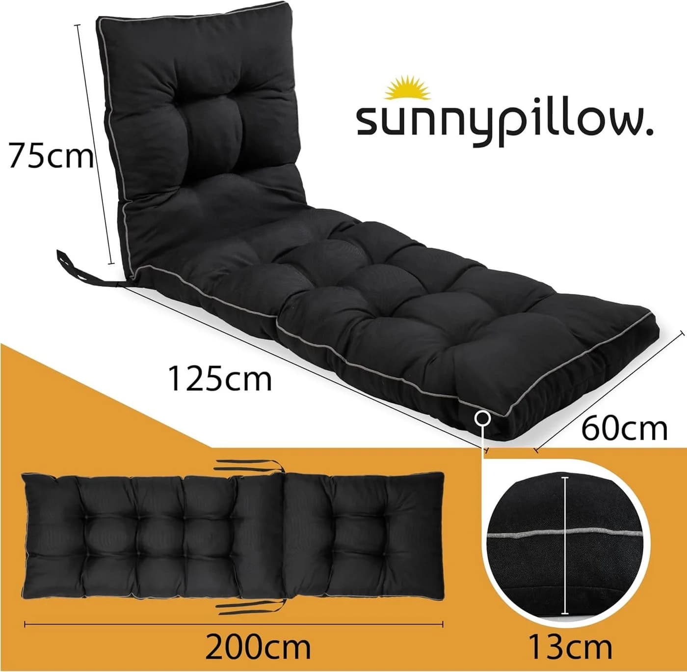 sunnypillow Liegenauflage 200 x 60 cm Schwarz - Bild 3