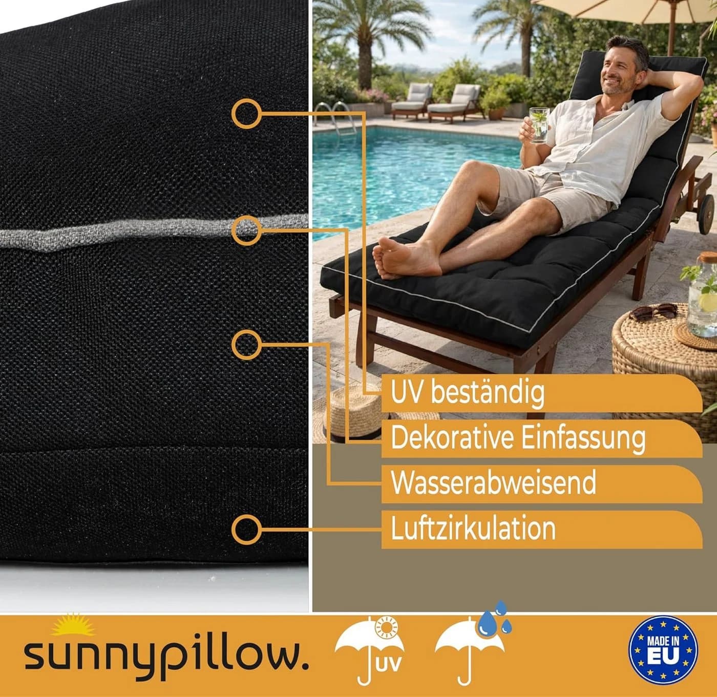 sunnypillow Liegenauflage 200 x 60 cm Schwarz - Bild 4