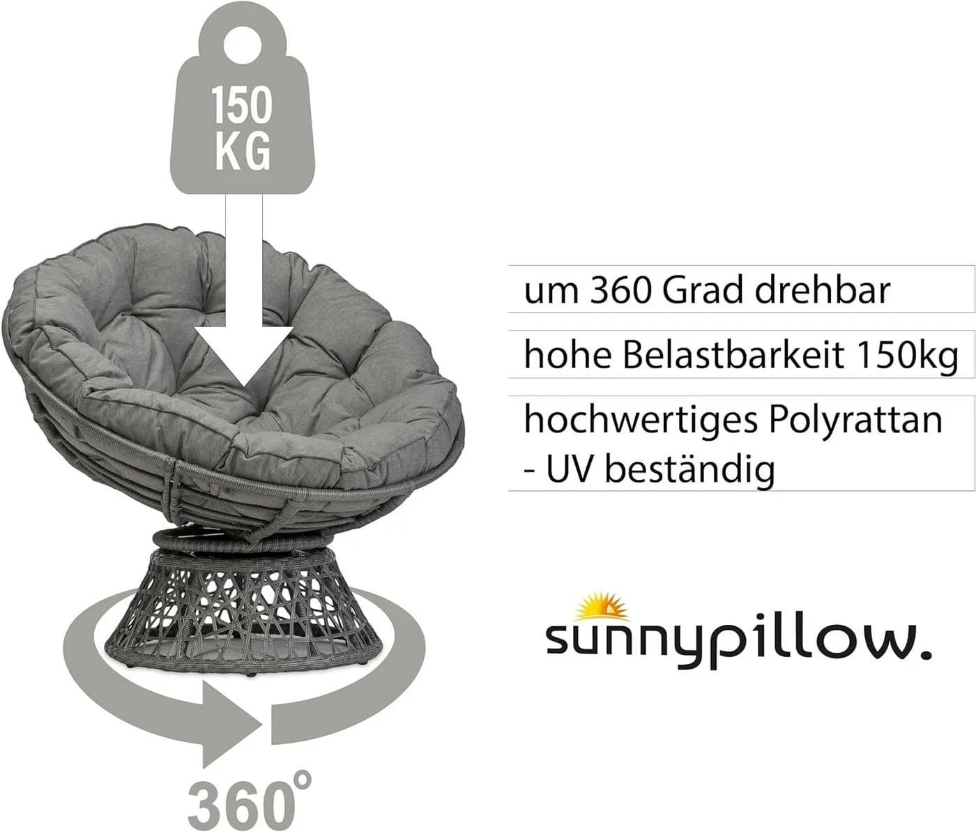 sunnypillow Rattanstuhl Papasansessel Grau mit Kissen - Bild 3