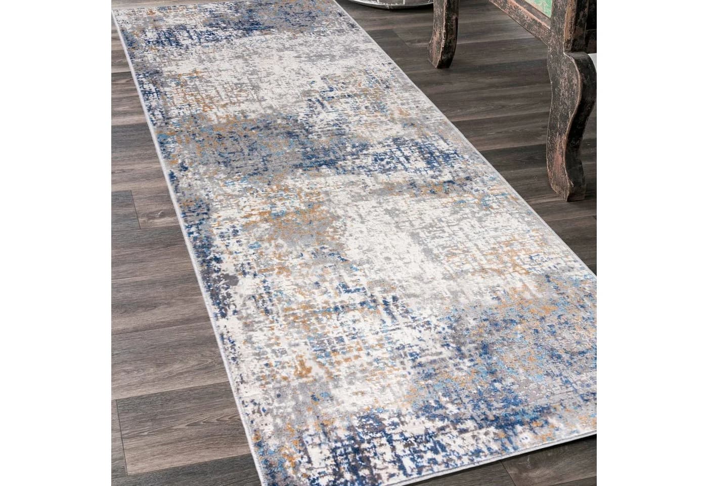 Mazovia Läufer Modern Vintage Blau Grau Abstrakt Kurzflor