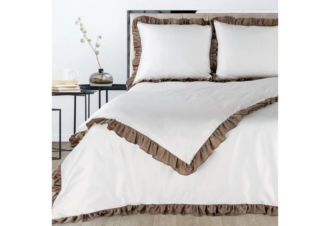 Eurofirany Bettwäsche LAURA ELIZA 3-teilig Satin Weiß/Braun