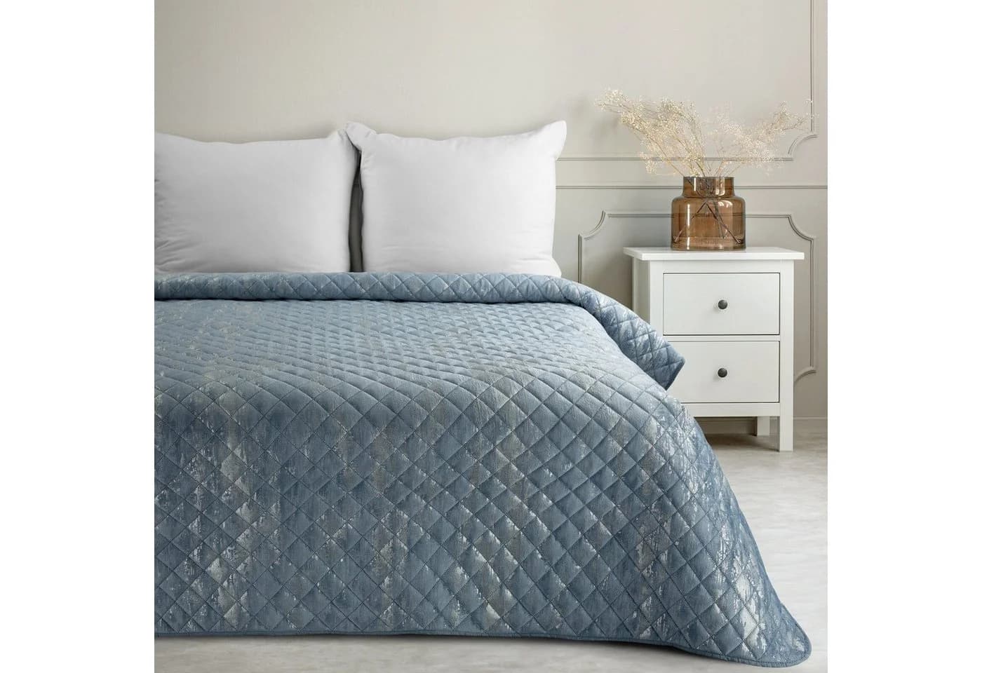 Eurofirany Tagesdecke BLINK Samt Velours Marmor Blau Silber