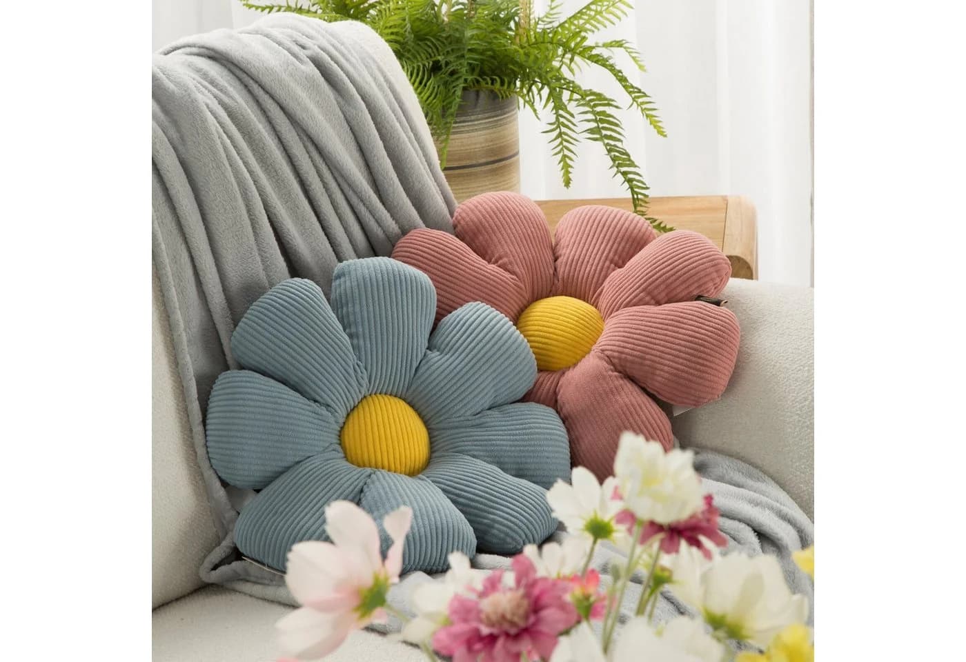 Eurofirany Dekokissen Flower Kinderzimmer Rosa Blau Beige Weich