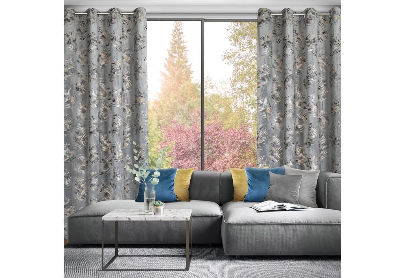 Eurofirany Vorhang Velvet Grau mit goldenem Blättermuster