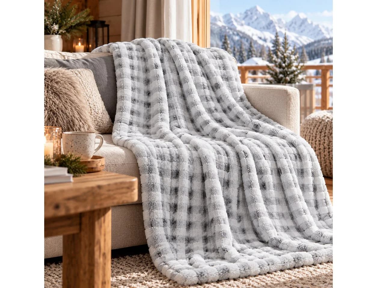 Design91 Wohndecke KAROMUSTER FLUFFY Grau 3D-Effekt Sofadecke - Bild 2