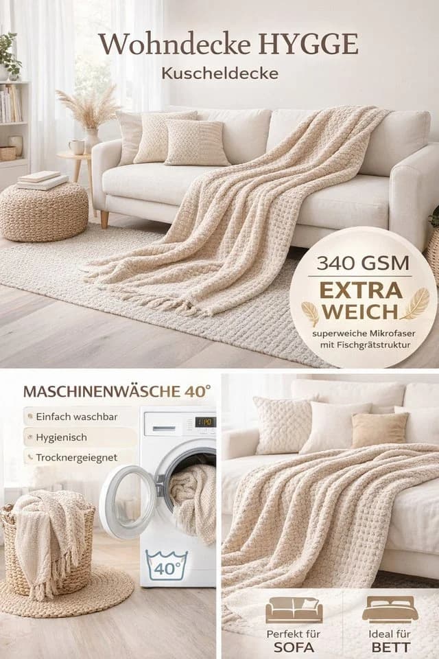 Wohndecke HYGGE Kuscheldecke mit Fischgrät-Struktur, Design91, Waffelmuster, Beige - Bild 5