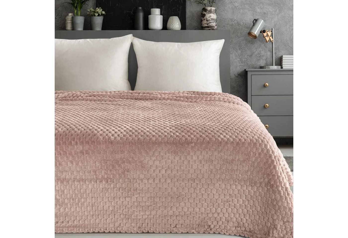 Design91 Wohndecke CINDY6 Mikrofaser 3D-Würfelstruktur Beige Rosa Braun