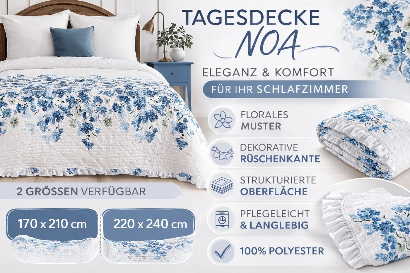 Eurofirany Tagesdecke NOA Blau Floral mit Rüschen