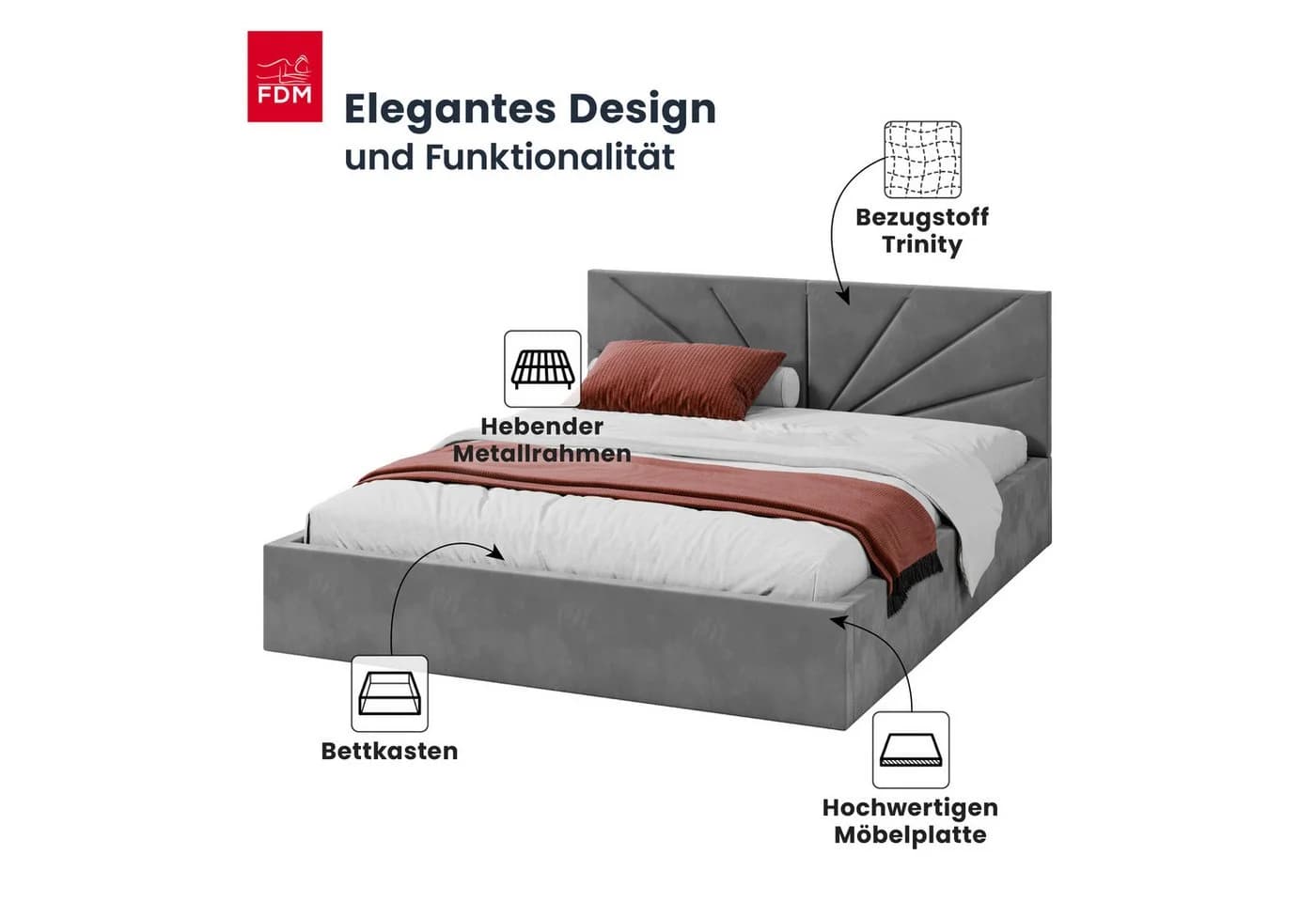 FDM Polsterbett SUNSET Grau mit Bettkasten und Velours-Bezug - Bild 3