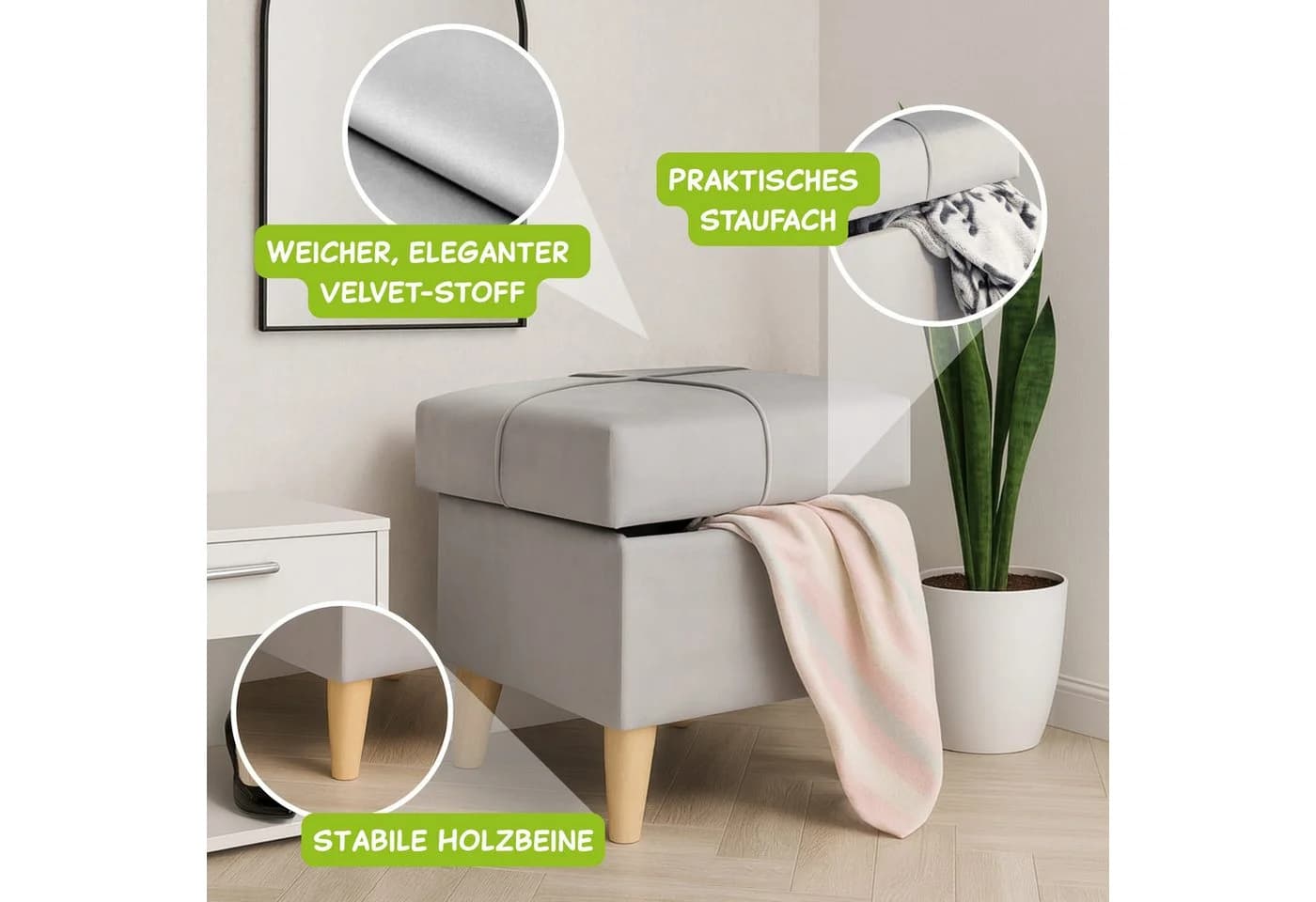 Outentin Hocker Velvet Puff mit Stauraum Grün