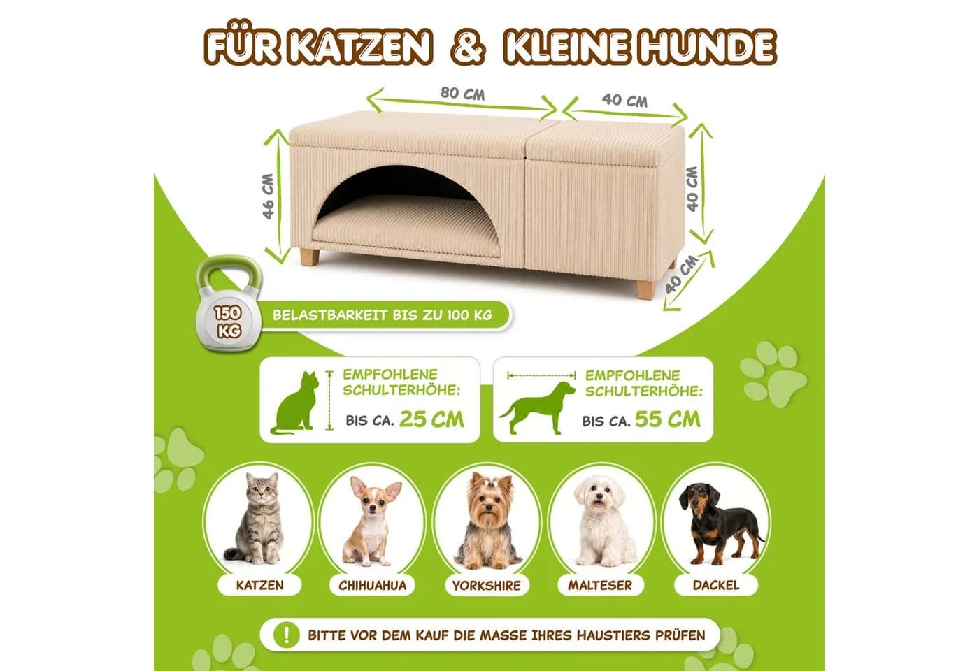 Outentin 3-in-1 Hundebett mit Sitzbank und Stauraum Beige