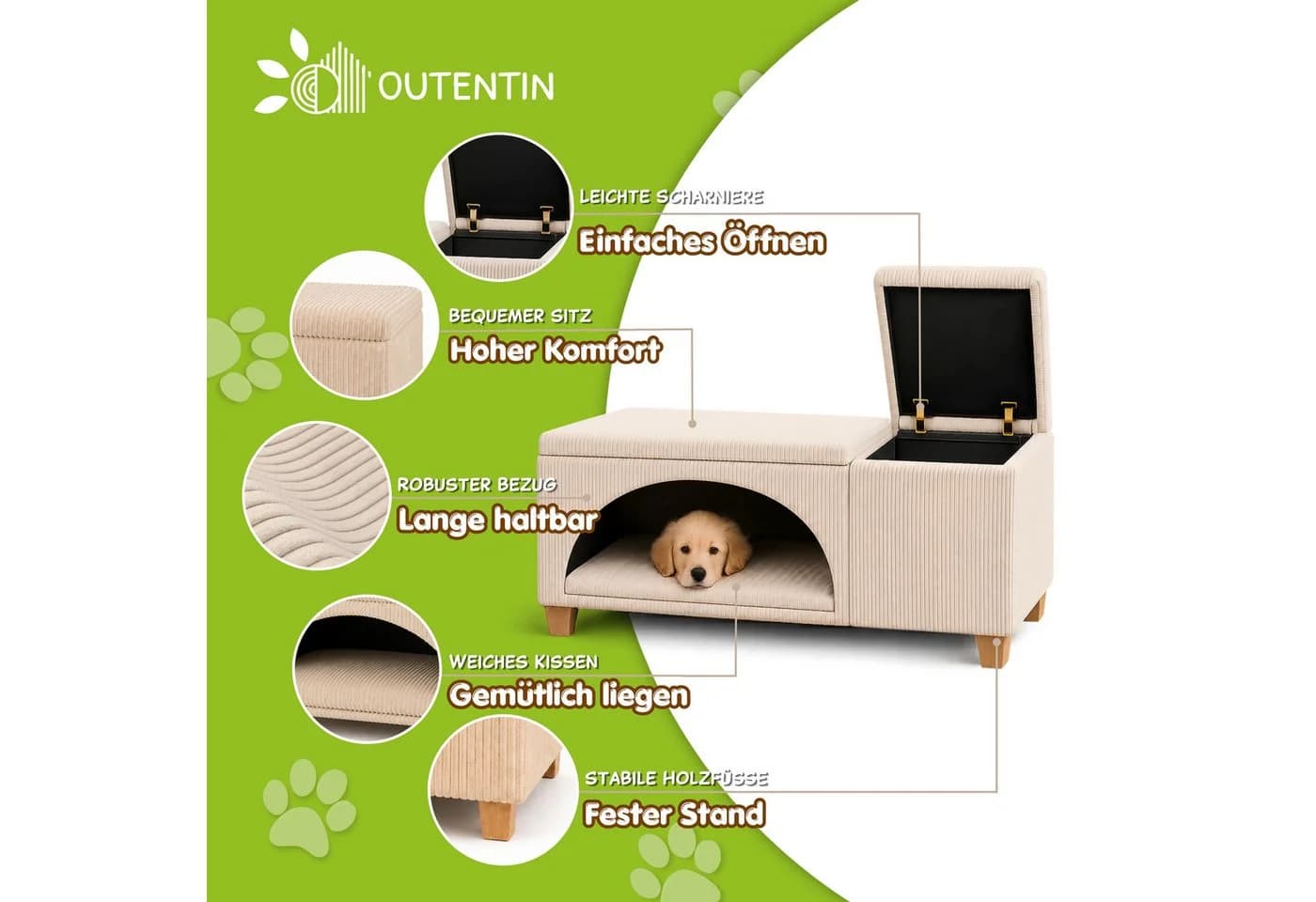 Outentin 3-in-1 Hundebett mit Sitzbank und Stauraum Beige - Bild 3