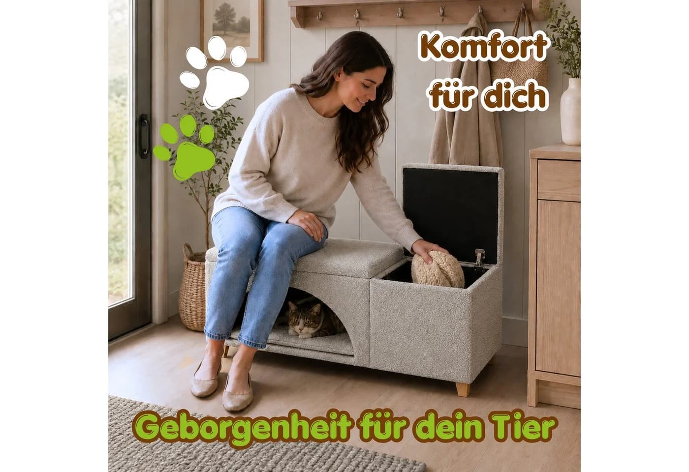 Outentin 3-in-1 Hundebett mit Sitzbank und Stauraum Beige - Bild 5