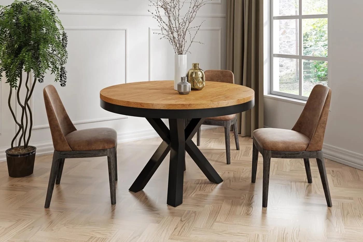 WFL GROUP Esstisch Clara Loft-Stil Rund Ausziehbar Holzoptik Schwarz - Bild 2