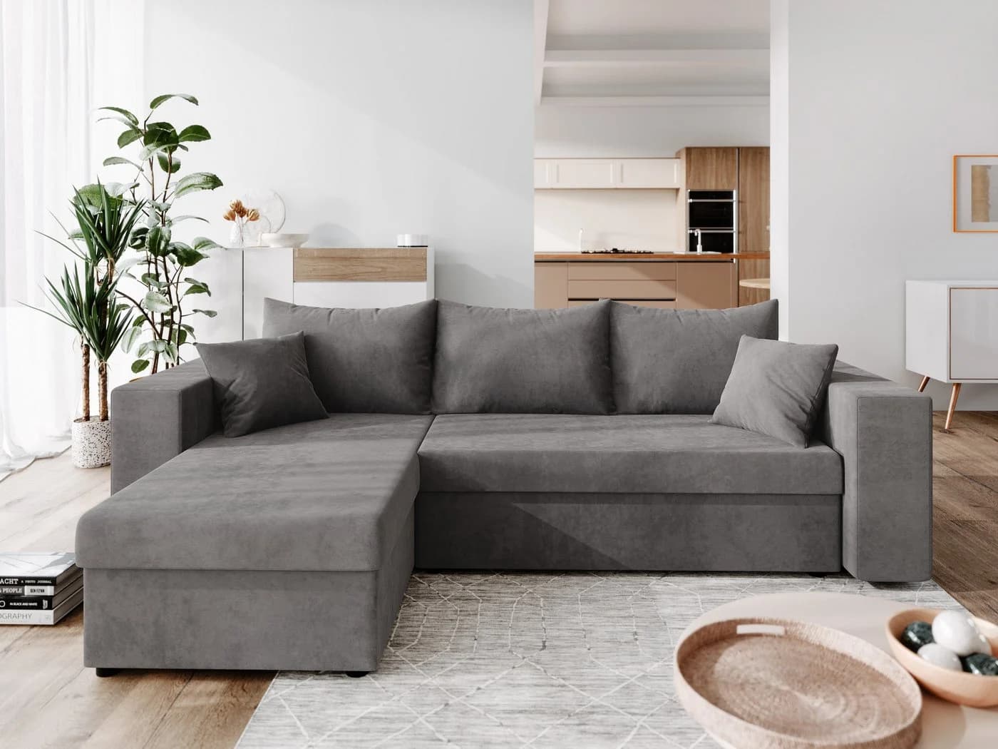 NACANAPA Ecksofa DOMINO Grau mit Schlaffunktion und Bettkasten