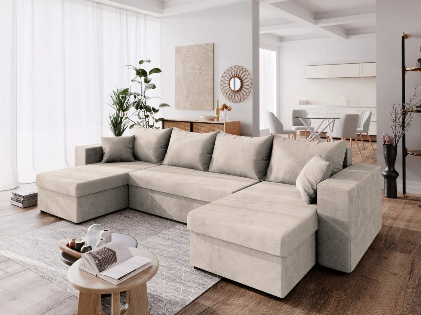 NACANAPA Ecksofa DOMINO Beige mit Schlaffunktion und Stauraum