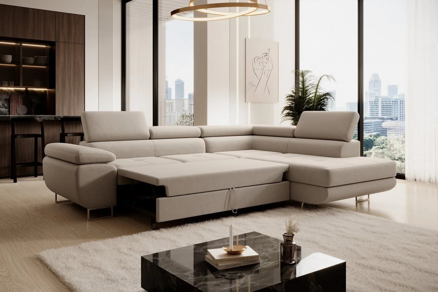 Muffo Ecksofa Wild Beige mit Schlaffunktion und Bettkasten