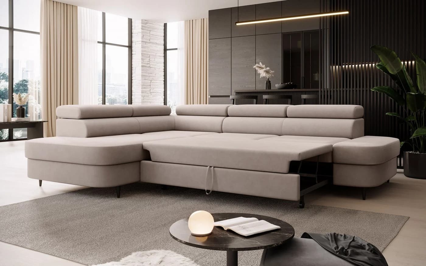 Muffo Ecksofa Priam L Beige mit Schlaffunktion und Bettkasten