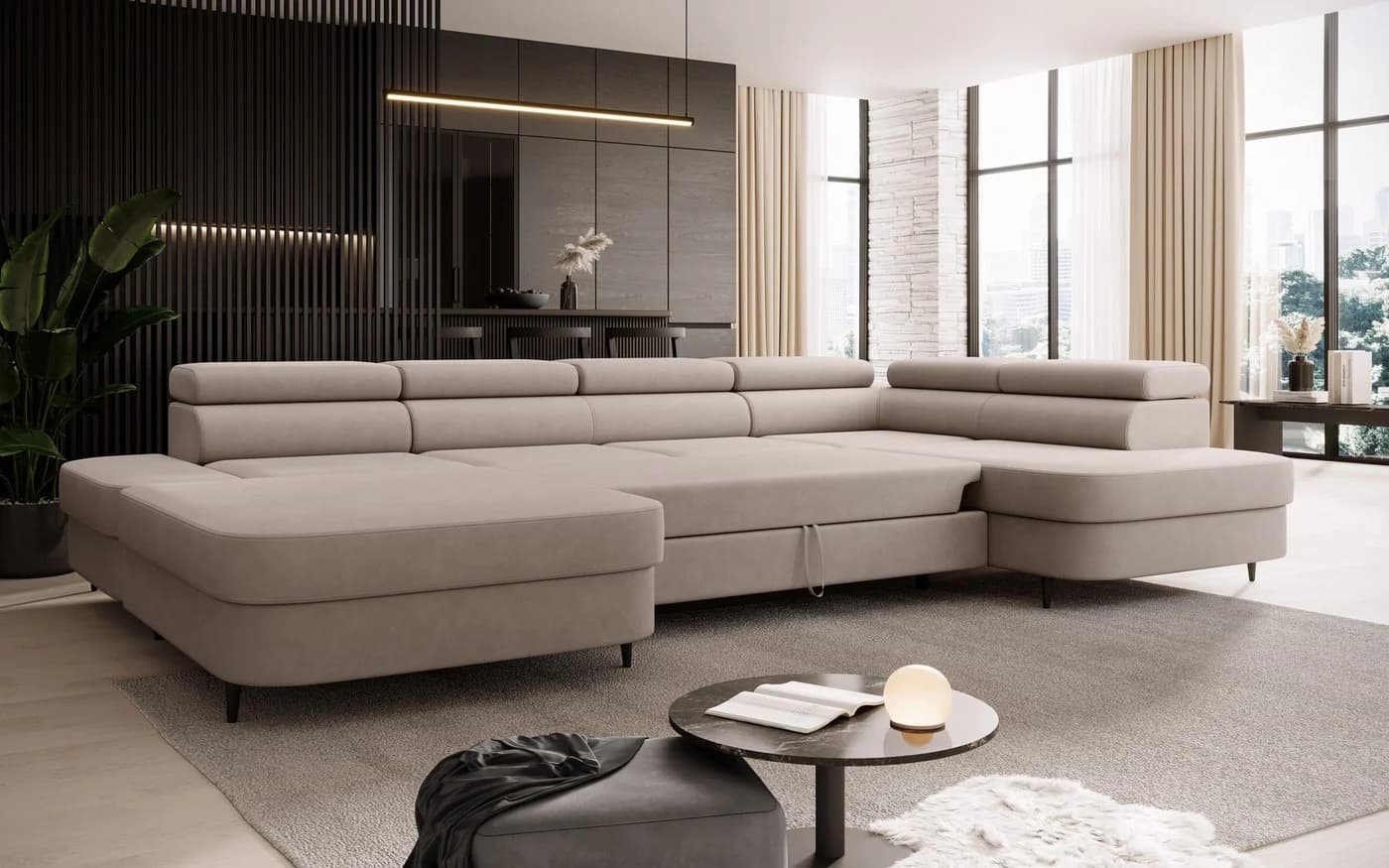 Muffo Ecksofa Priam U Beige mit Schlaffunktion und Bettkasten