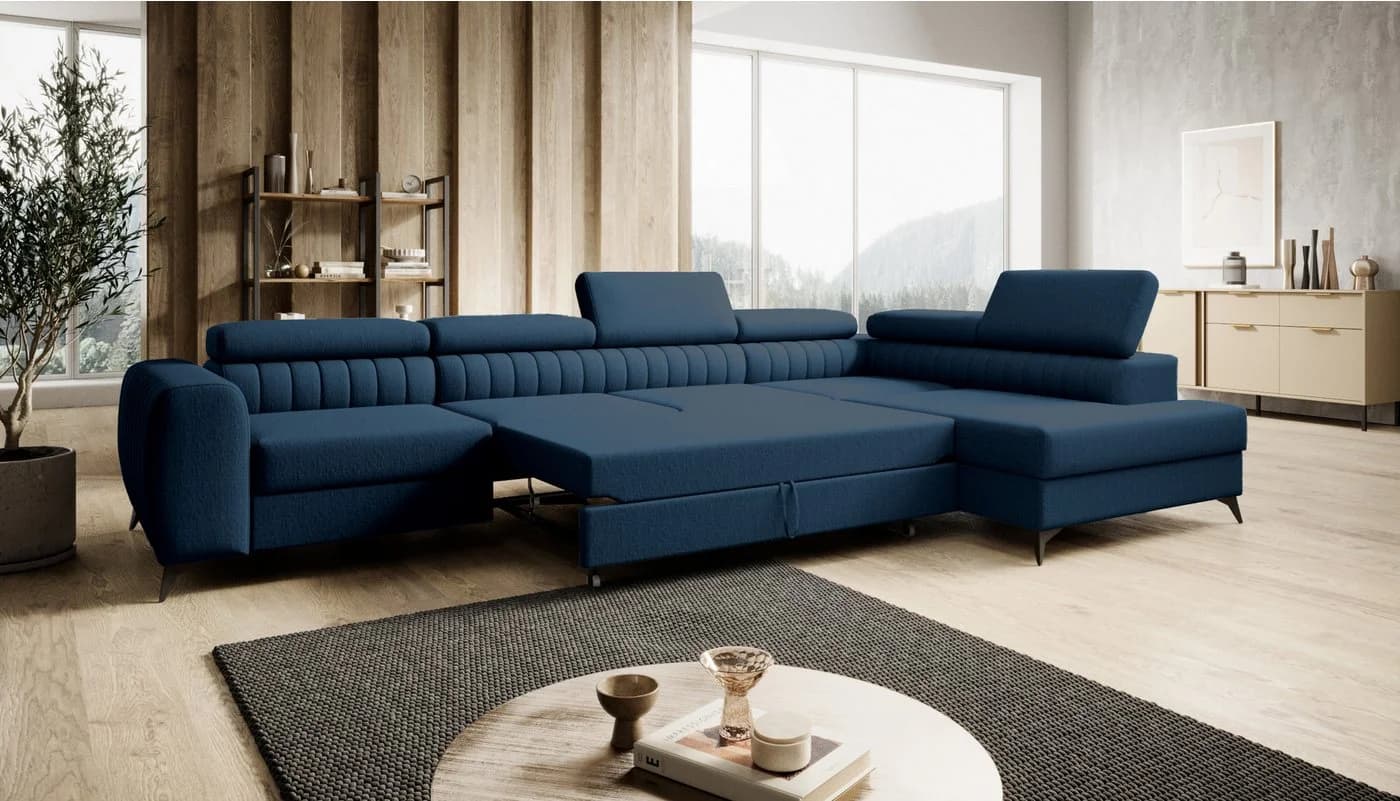 Muffo Ecksofa Piero maxi blau mit Schlaffunktion und Bettkasten