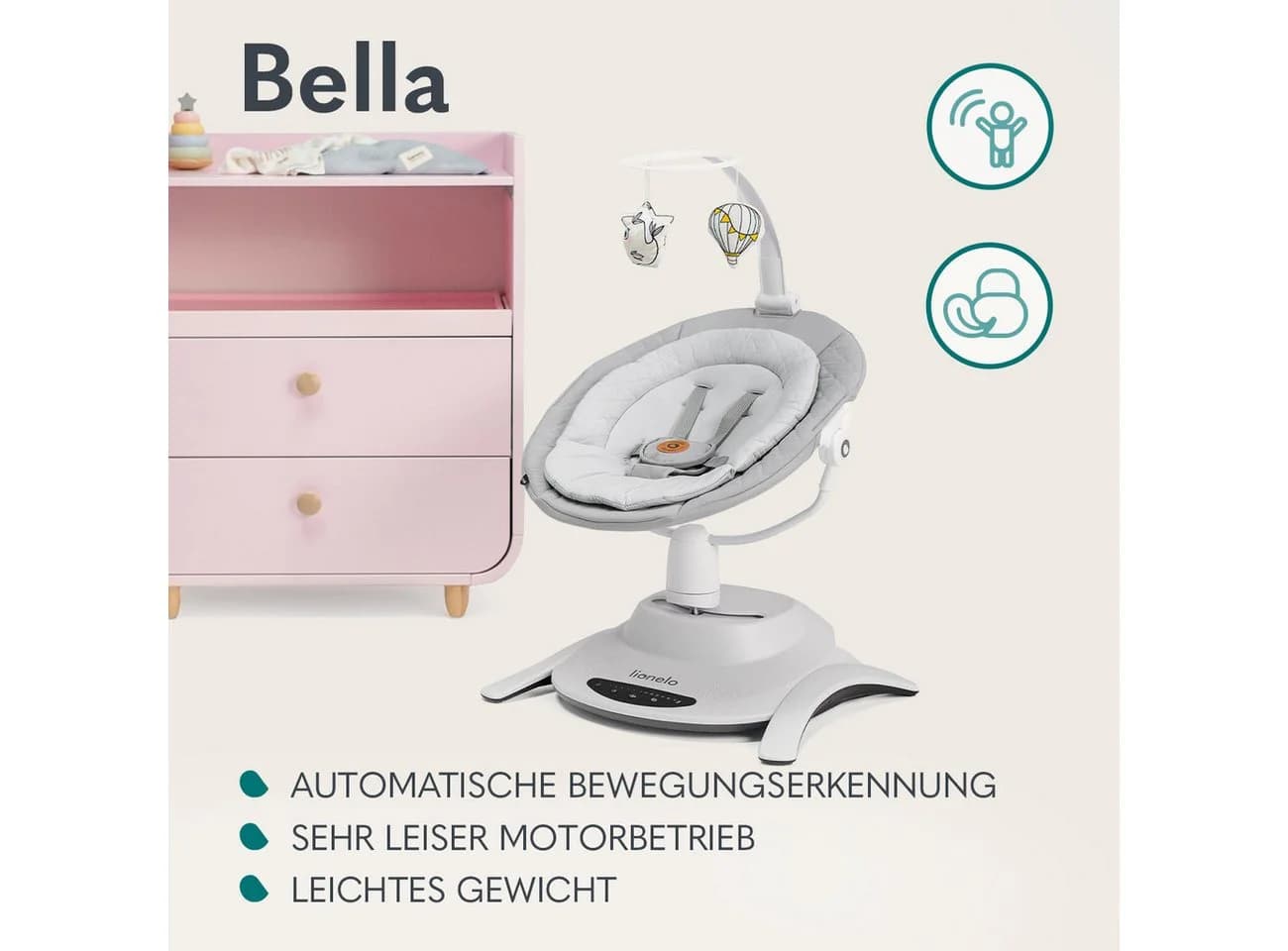 Lionelo Bella Babywippe 2in1 Grau 360° Drehbar 12 Melodien - Bild 4