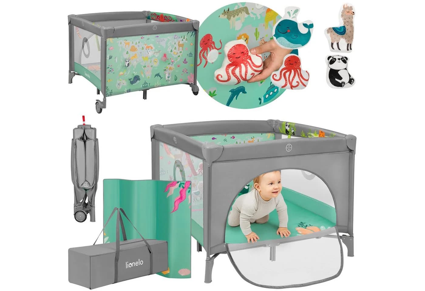Lionelo Laufgitter Mille Plus Set mit Lernmatte und Tragetasche, Matratze, Spielzeug, Lernmatte, Reißverschluss-Eingang, Rollen - Bild 2