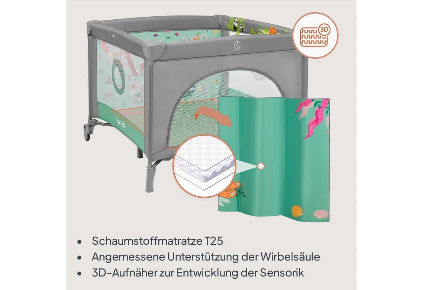 Lionelo Laufgitter Mille Plus Set mit Lernmatte und Tragetasche, Matratze, Spielzeug, Lernmatte, Reißverschluss-Eingang, Rollen - Bild 3