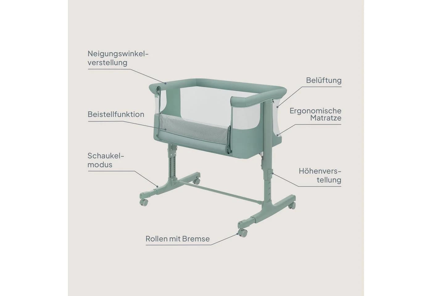 Lionelo Baby-Reisebett AURORA 3-in-1 Beistellbett, Babywiege, freistehendes Babybett