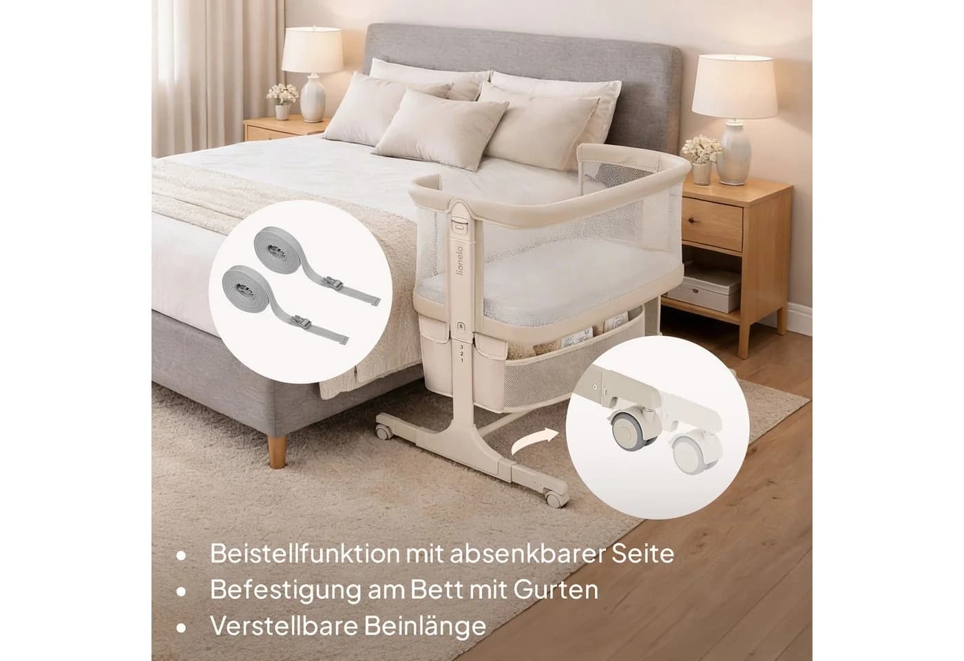 Lionelo Baby-Reisebett JODIE 3in1 Beistell Wiege Netzseiten Rollen - Bild 4