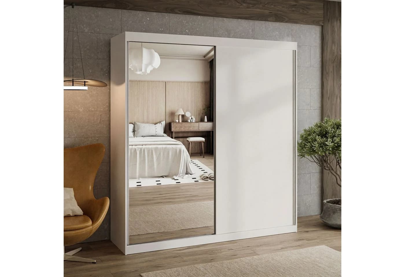 Lookway Kleiderschrank BASTER II mit Spiegel Schiebetüren Weiß - Bild 3