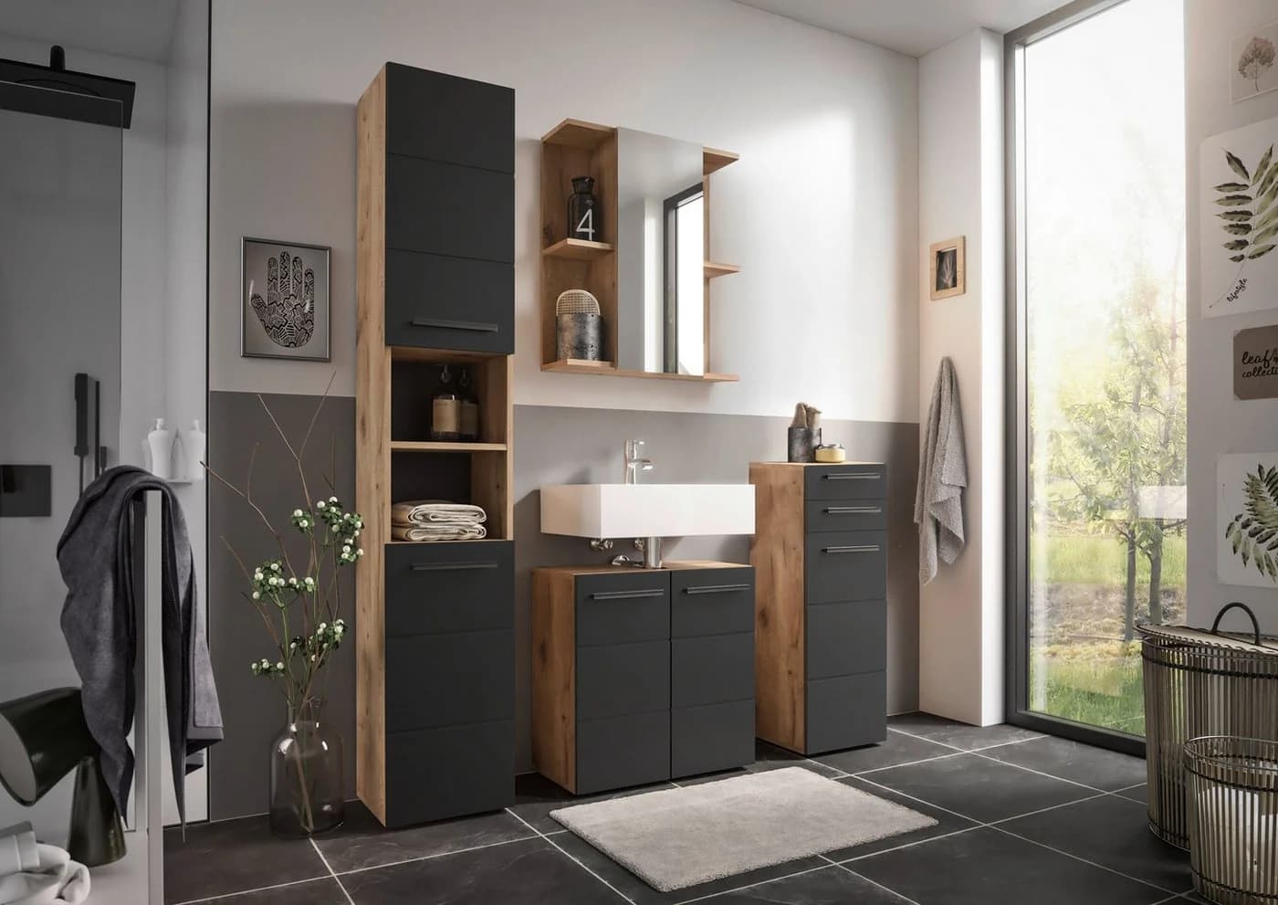 BASIC by Balculina Spiegelschrank Vista 60x71x20 cm Schwarz Matt Viking Oak