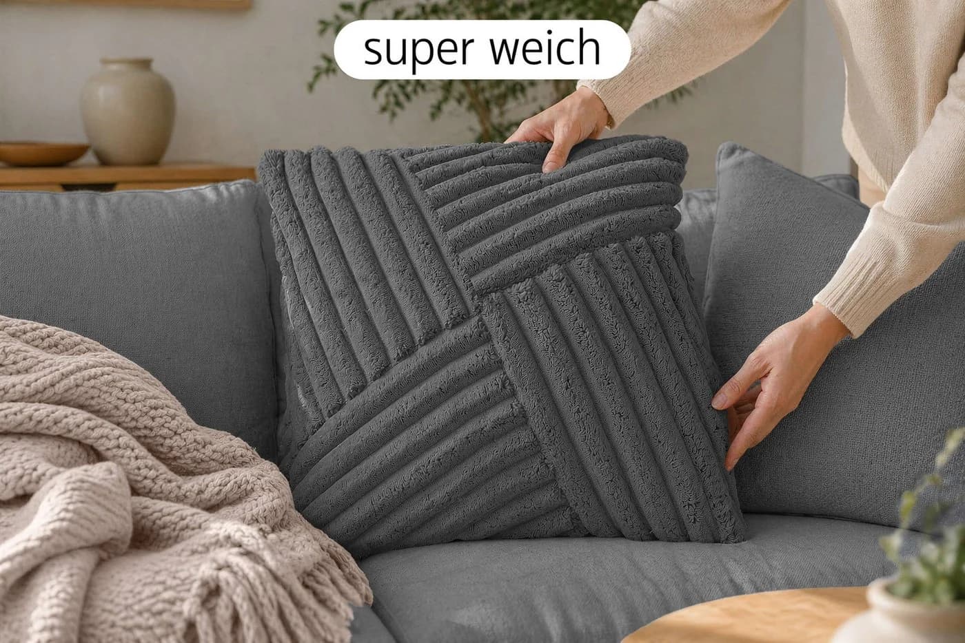 Amilian Dekokissen 4er Set mit Füllung und Bezug Grau Cord-Optik