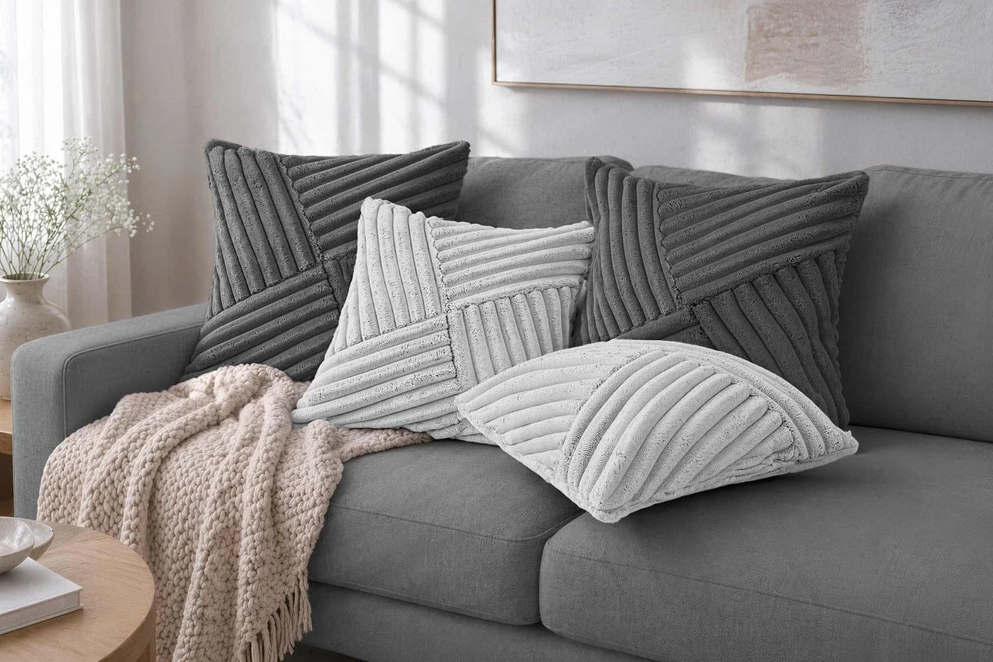Amilian Dekokissen 4er Set mit Füllung und Bezug Grau Cord-Optik - Bild 2