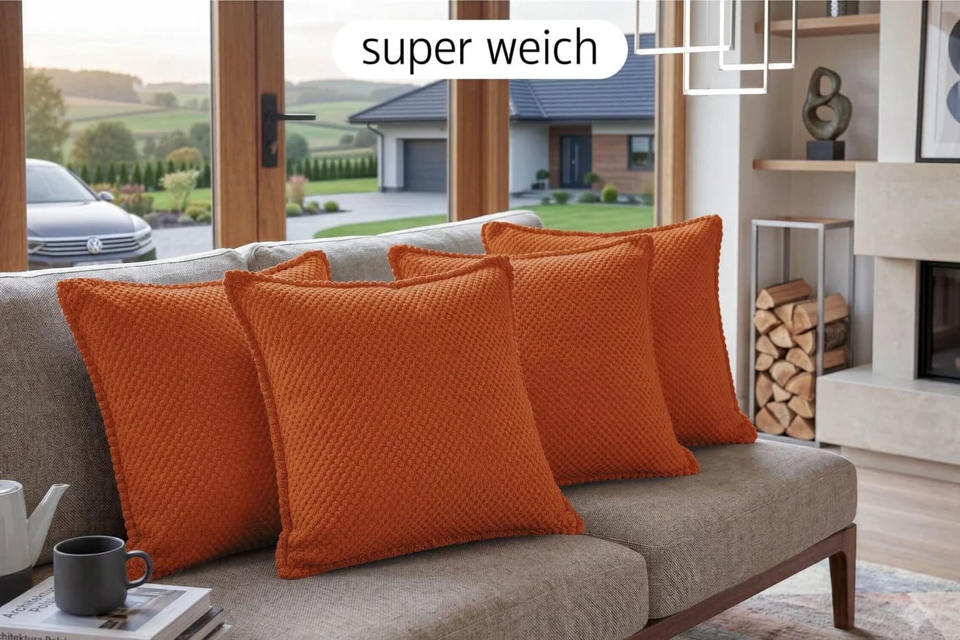Amilian Dekokissen 4er Set Orange Mikrovelours