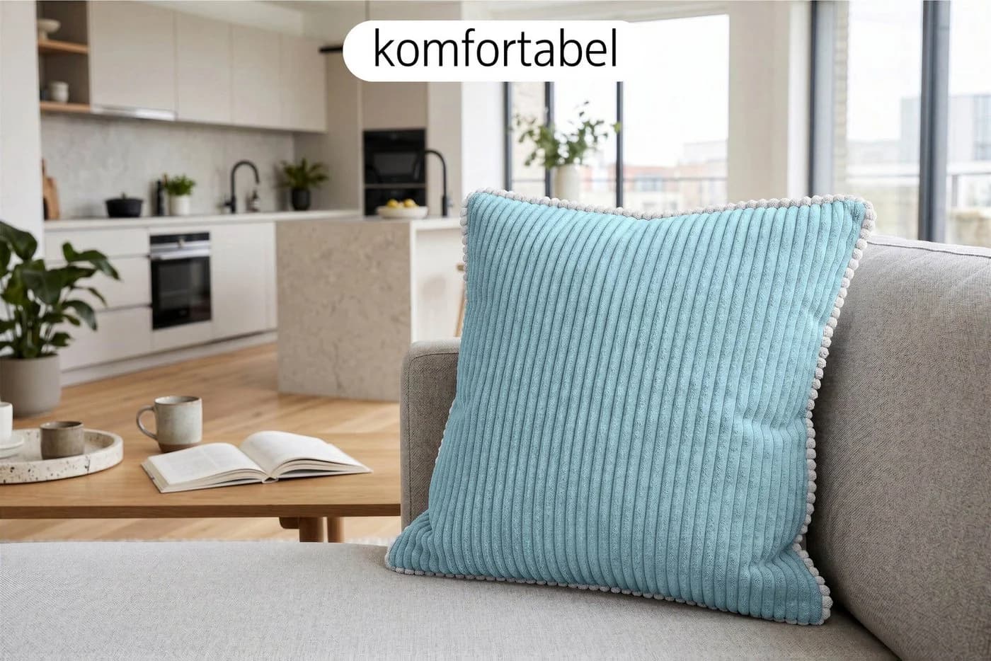 Amilian Kissenbezüge 2er Set Blau Cord-Optik Hotelverschluss - Bild 4
