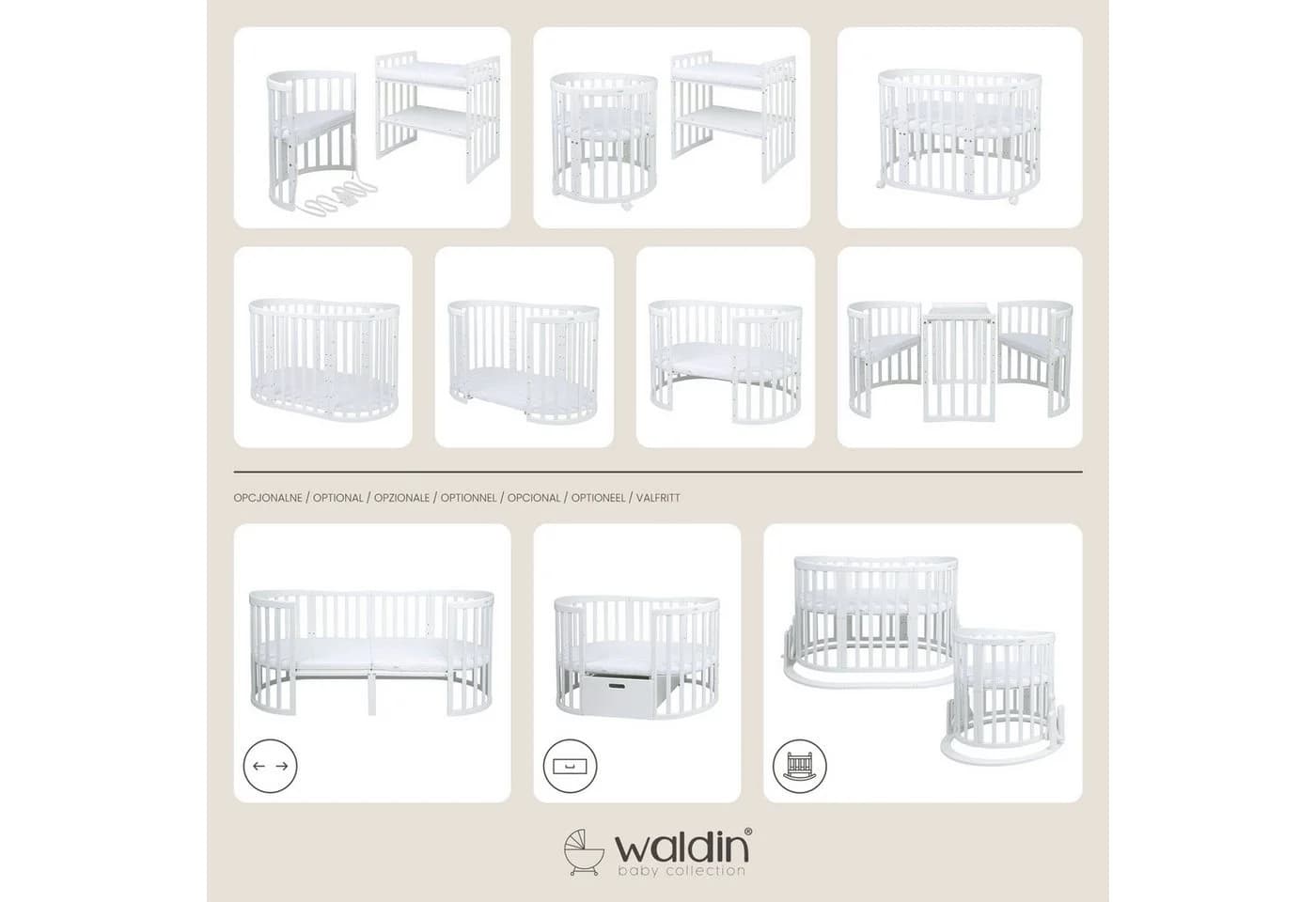 Waldin Babybett OWAL 7in1 mitwachsend Holz Weiß mit Matratze - Bild 2