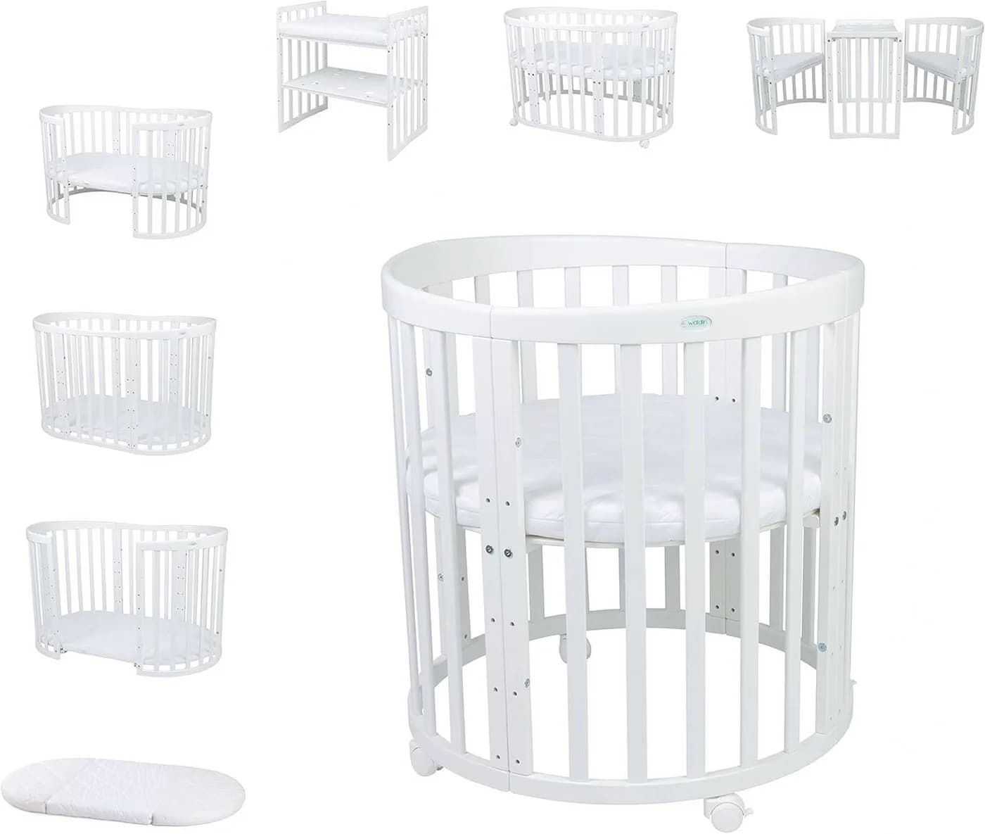 Waldin Babybett OWAL 7in1 mitwachsend Holz Weiß mit Matratze - Bild 3