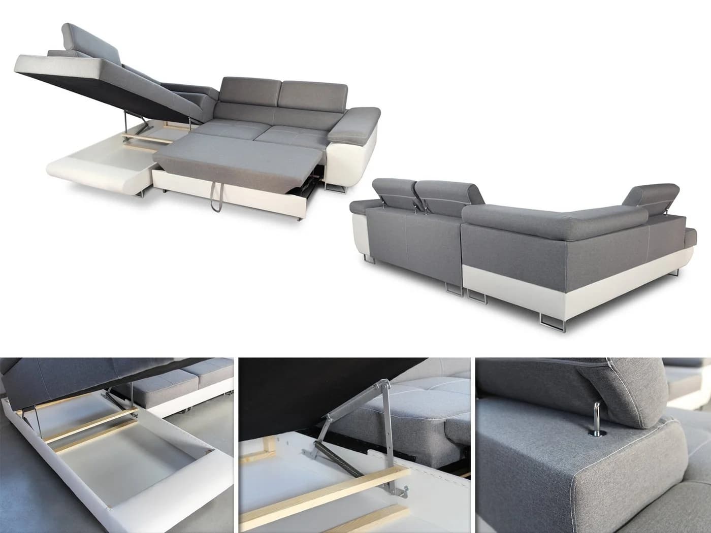 Sofnet Ecksofa Caris mit Schlaffunktion, Bettkasten und Kopfstützen Weiß - Bild 4