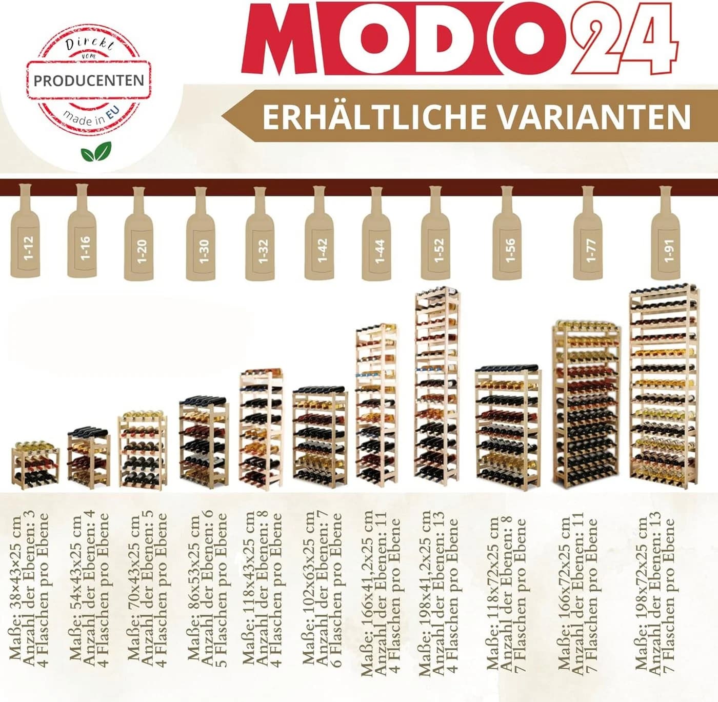 Modo24 Weinregal RW1 Massivholz Kiefernholz 12-91 Flaschen - Bild 4