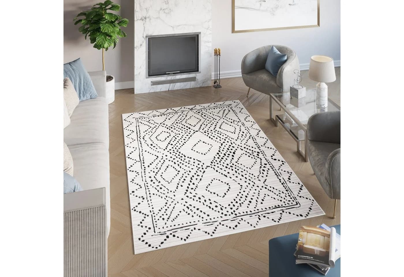 Tapiso Teppich JUNO Schwarz Beige Kurzflor Rechteckig