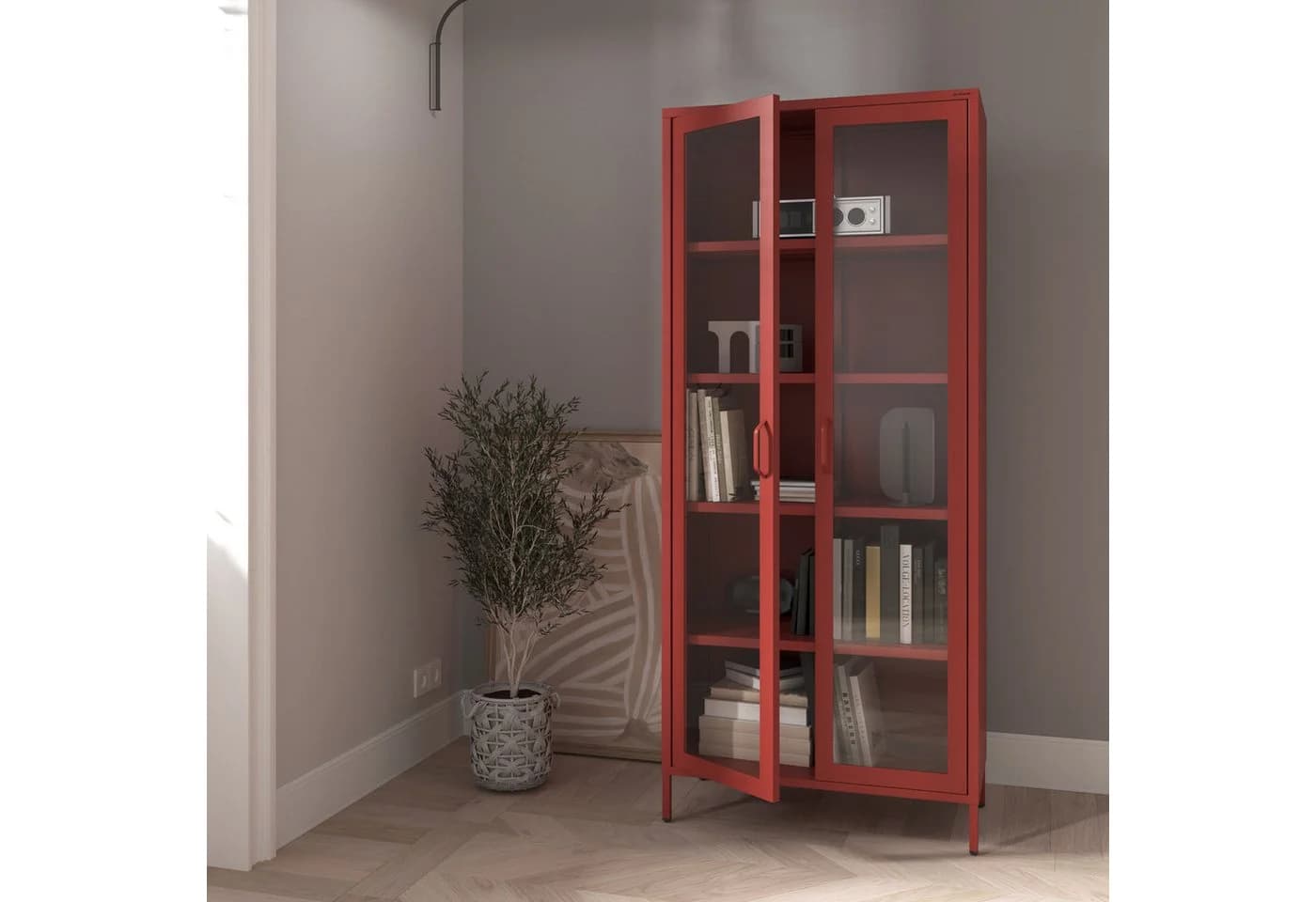 Jan Nowak Vitrine ANGELO Glas Metall Stahl Rot 80x185x45cm 4 Regale - Bild 3