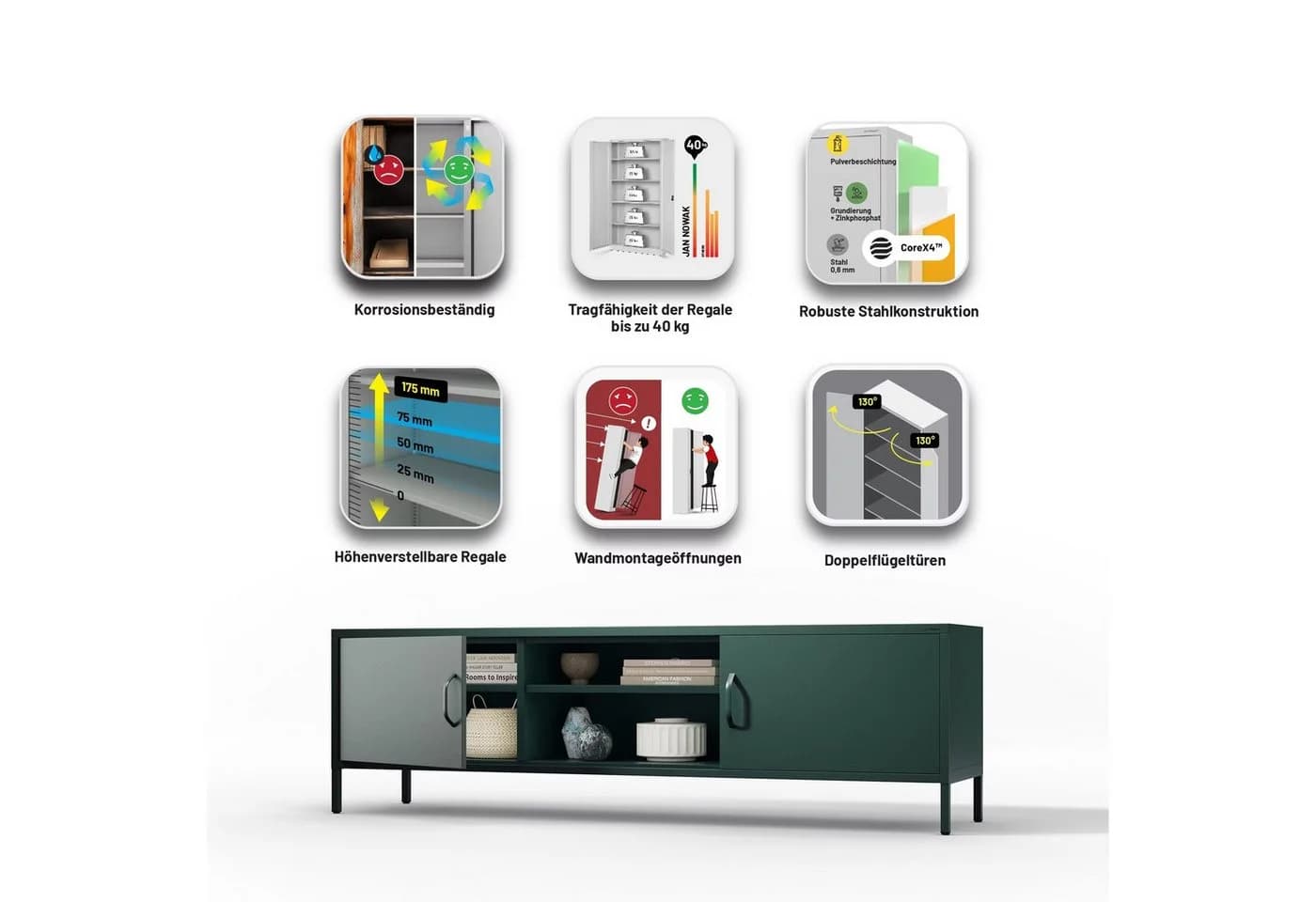 Jan Nowak Lowboard ROSARIA TV-Schrank XL Flaschengrün Metall Modern - Bild 5