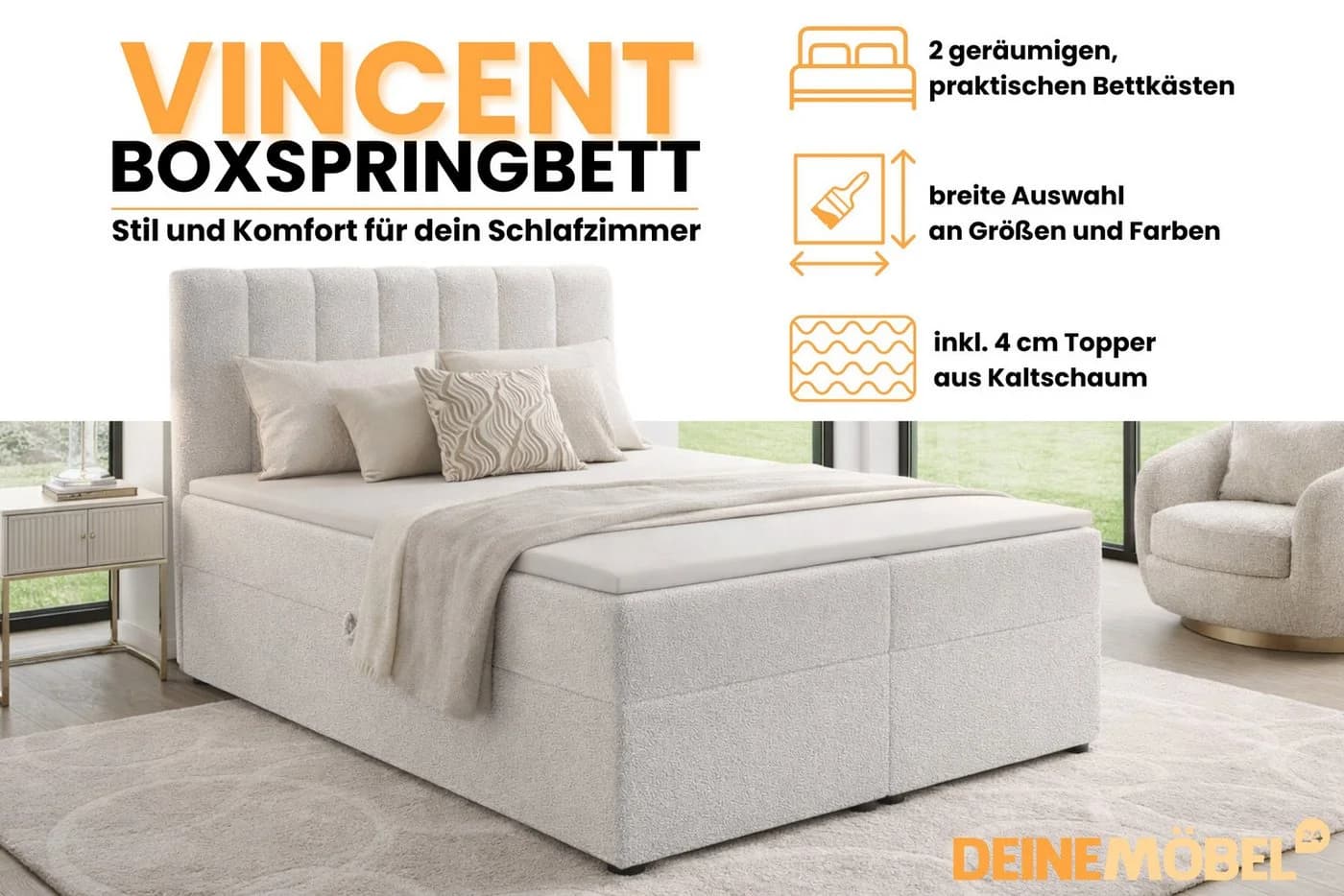 Deine Möbel 24 Boxspringbett VINCENT mit Bettkasten & Topper - Bild 3