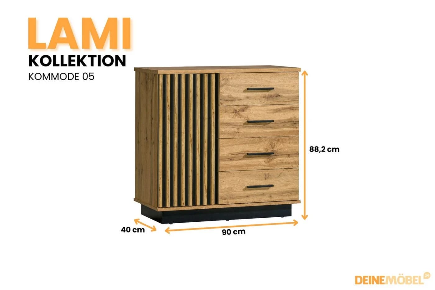 Deine Möbel 24 Kommode LAMI 5 Sideboard Wotan Eiche Schwarz Matt mit Lamellen