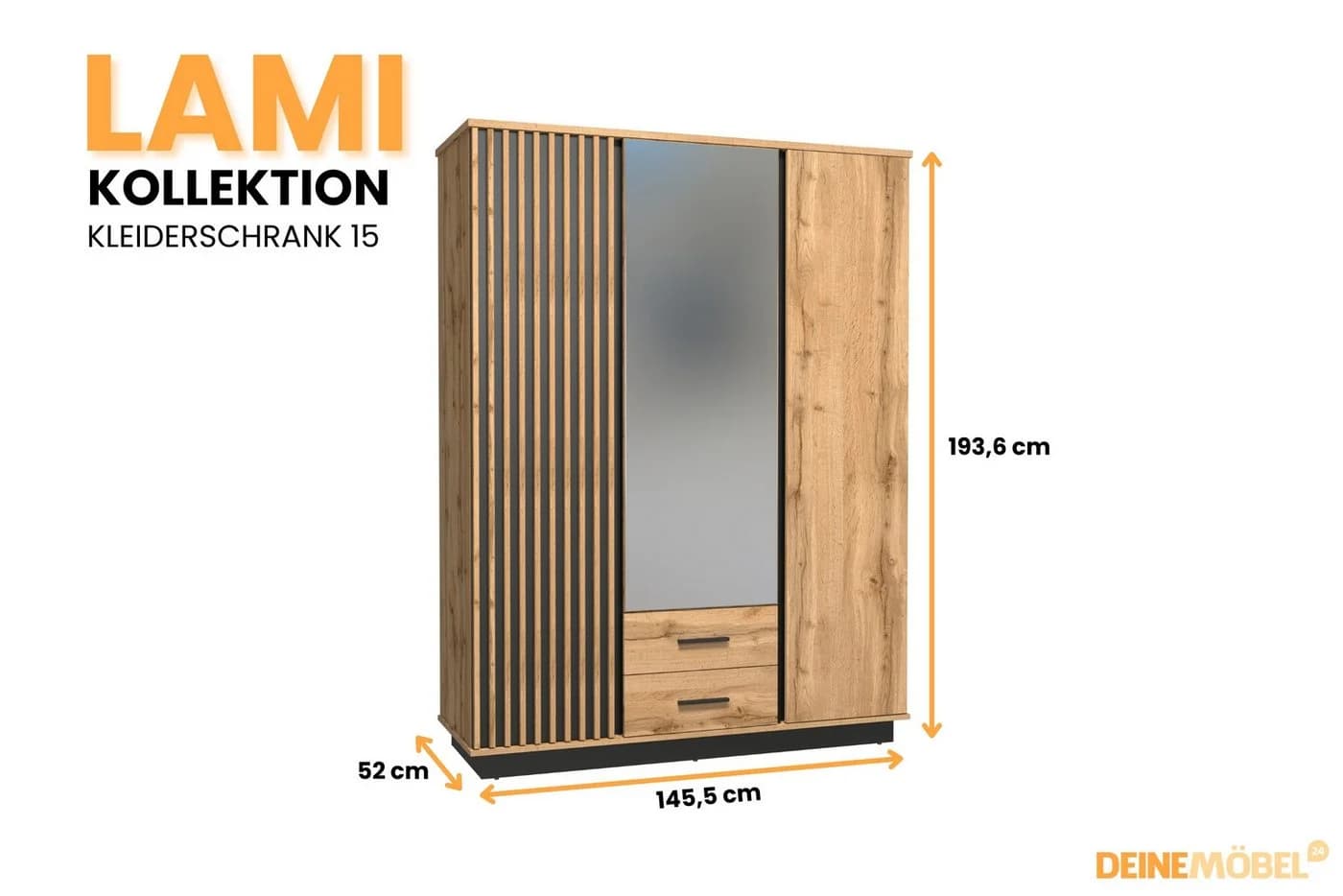 Deine Möbel 24 Kleiderschrank LAMI 15 mit Spiegel & 2 Schubladen, Wotan Eiche/Schwarz Matt
