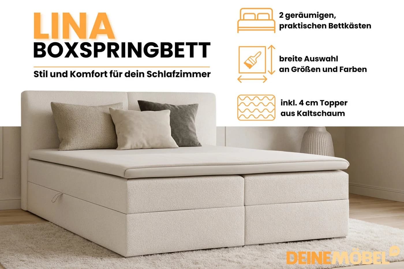 Deine Möbel 24 Boxspringbett LINA Polsterbett Kompletbett Matratzen H3 / H4 Bouclé-Bezug - Bild 3