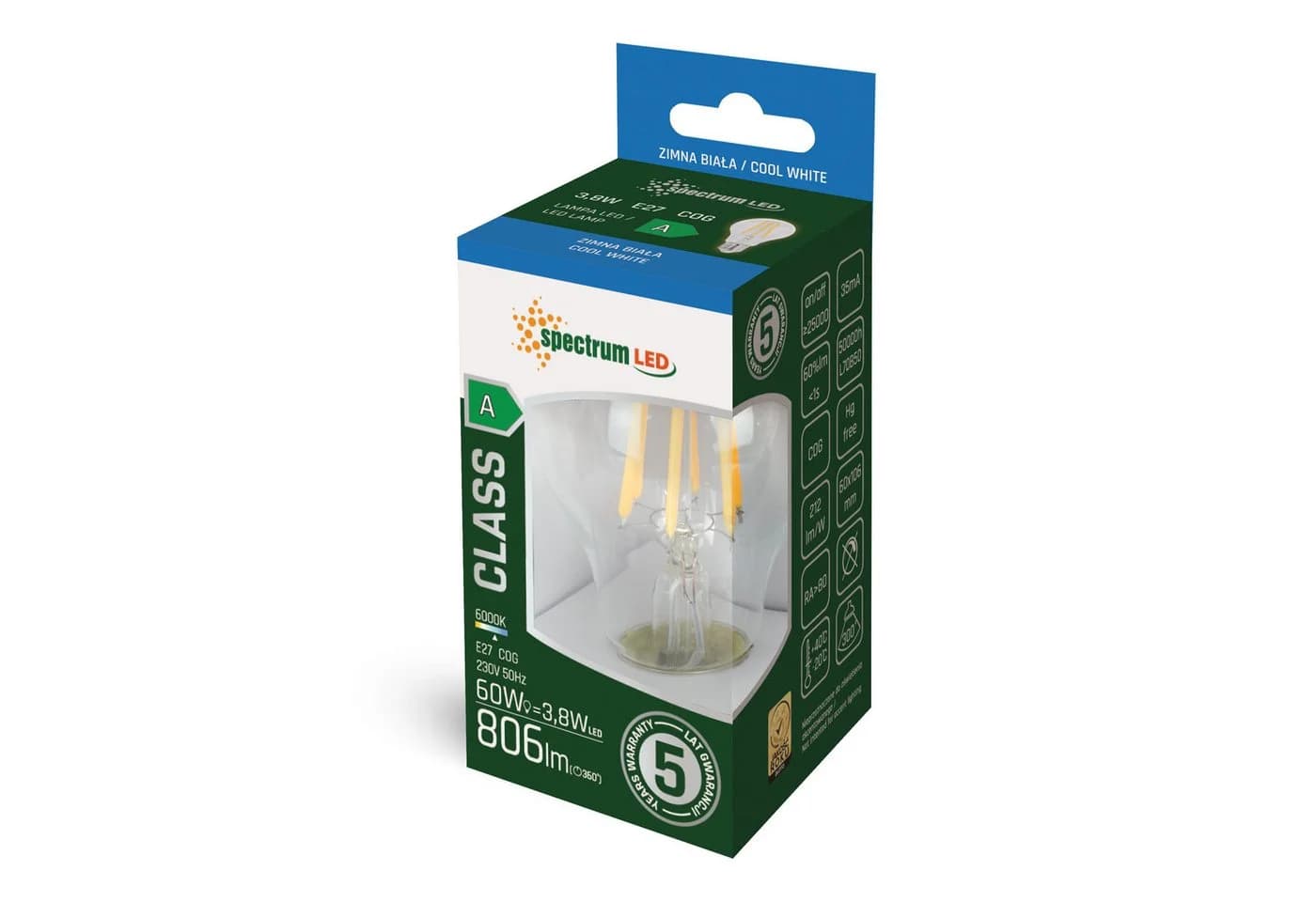 Spectrum LED E27 A60 Birne 3,8W Filament 806lm Kaltweiß 6000K