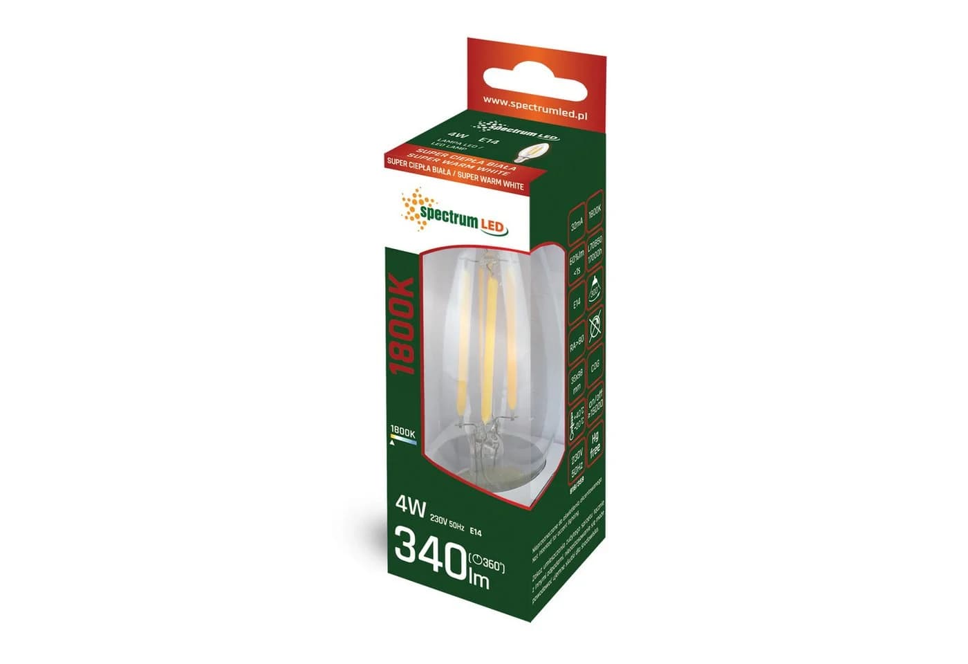 Spectrum LED-Leuchtmittel LED E14 C35 Filament klar 4W 230V 340lm Kerze 300° Extra Warm 1800K