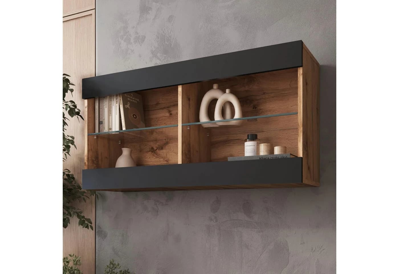 komodee Wandhängeschrank TIVOLI Offene Vitrine Beige/Schwarz - Bild 2