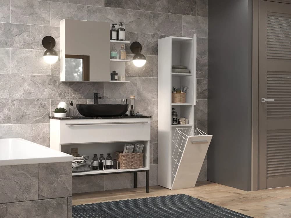 ibonto Hochschrank Badezimmerschrank NEL Weiß Modern mit Wäschekorb - Bild 4
